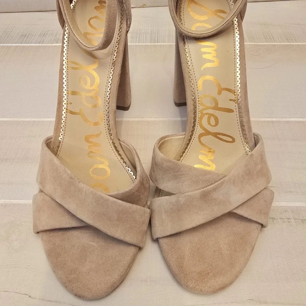 {10} Sam Edelman Yancy Block Heel Ankle Strap Sandal in Golden Caramel Suede - Picture 6 of 14